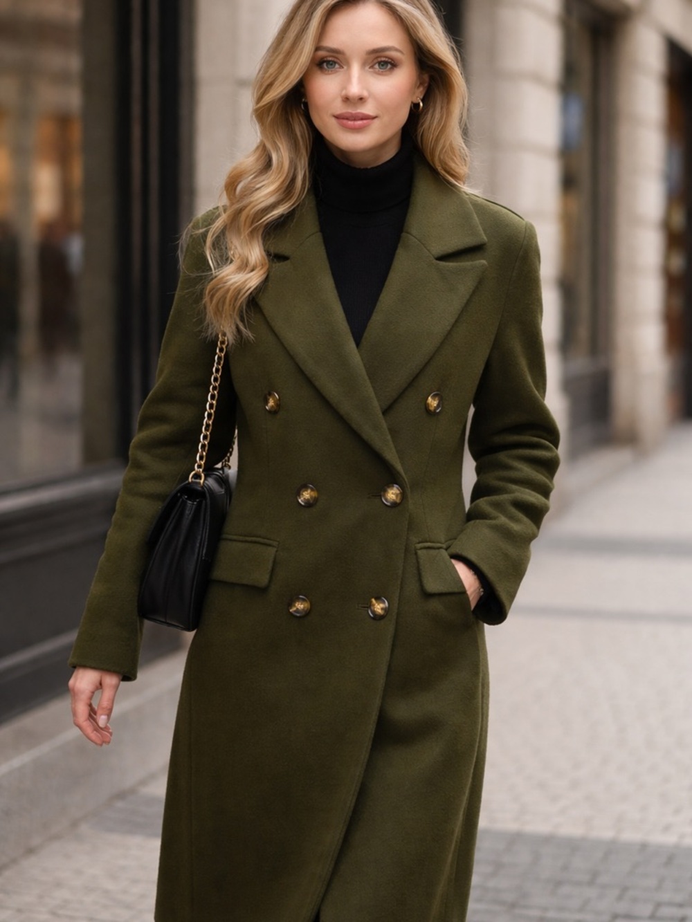Double-Breasted Olive Green Pea Coat